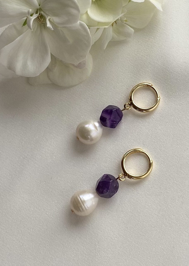 Natural Baroque Freshwater Pearl Earrings/ Amethyst/ Irregular Pearl Beads/ 18K Gold Plated Hoop Earrings/ Nickel Free