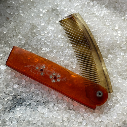 Vintage Comb, Faux Tortoise Shell, Plastic Folding Comb Gold Tone Flower Detailing