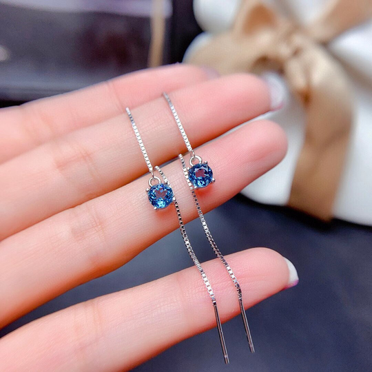 Beautiful & Gorgeous Nature London Blue Topaz 5mm Threader Earrings Sterling Silver Earring, Anniversary Gift, Gift For Her