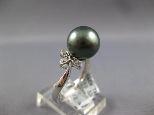 Estate .03Ct Diamond & Aaa Tahitian Pearl 14Kt White Gold 3D Flower Butterfly Fun Ring