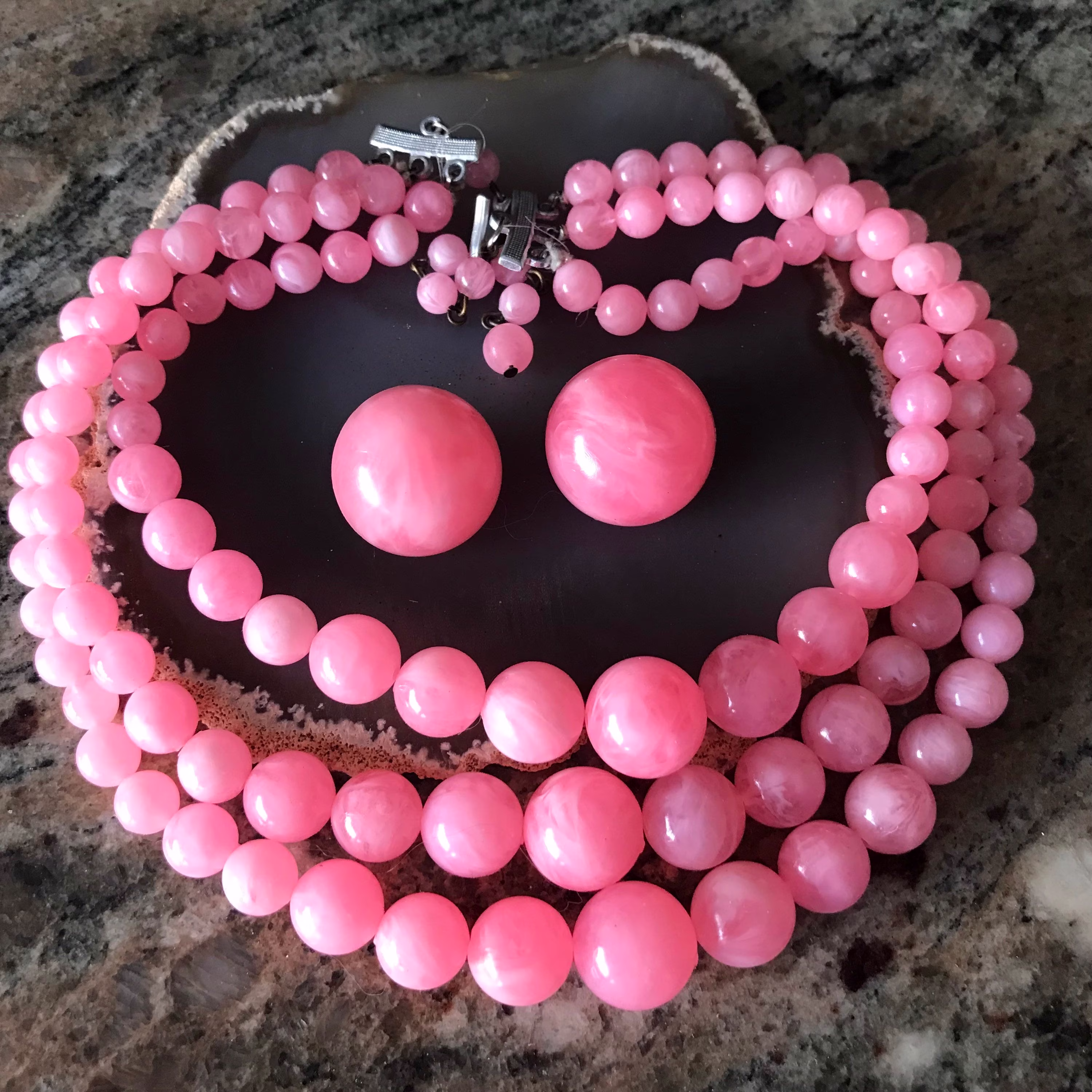 Vintage Bubble Gum Pink Lucite 3 Strand Beaded Necklace Clip-On Earring Set Cute Costume Hong Kong Signed Collectible Jewelry Gift For Her