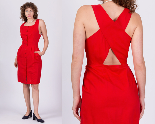 80S Red Linen Blend Cross Back Dress - Medium | Vintage Ann Tijan For Kenar Button Up Sleeveless Sundress