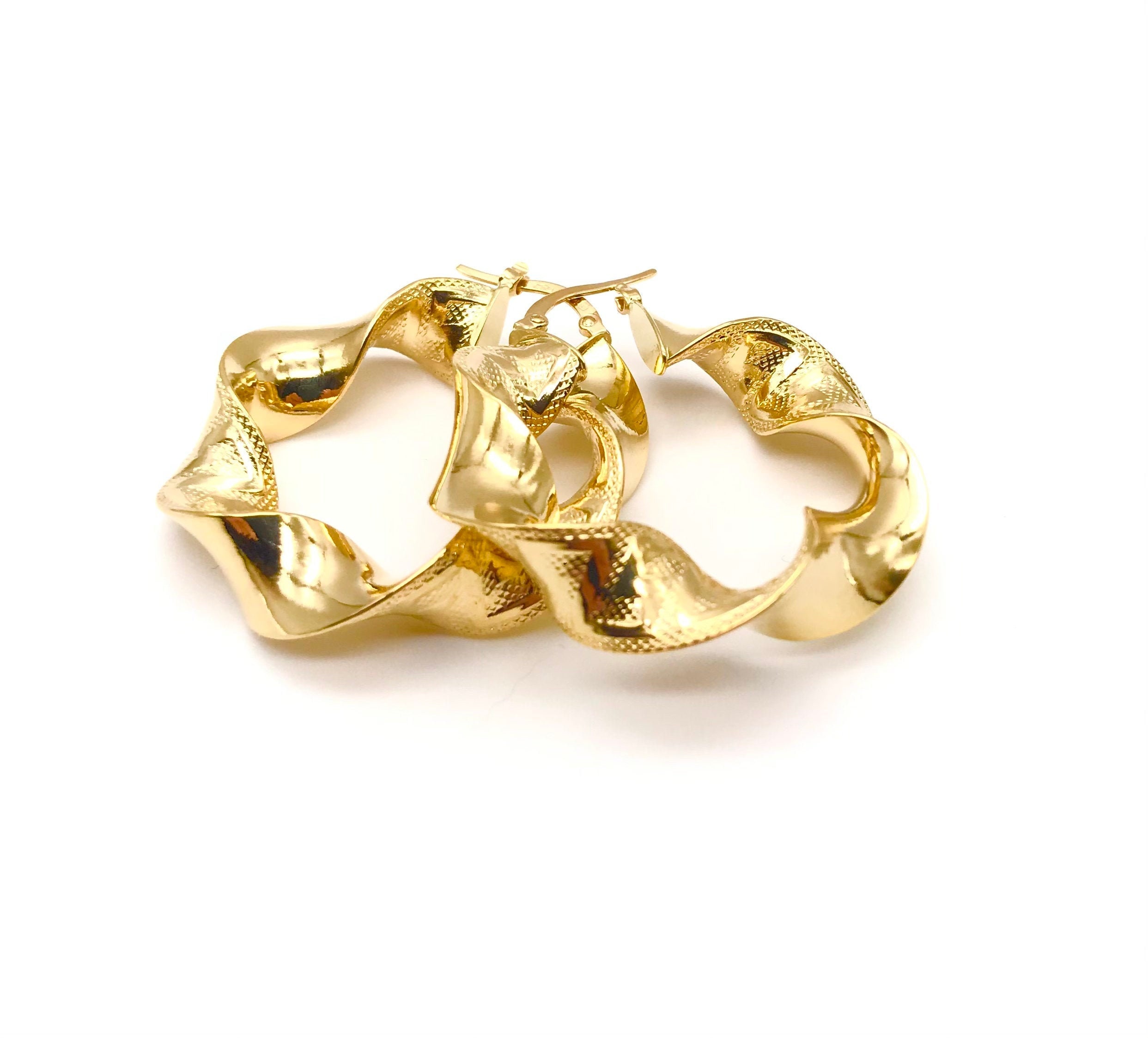 18K Gold Twisted Hoop Earrings Chubby Hoops Polished & Matte Italian Design Great Gift For Her
