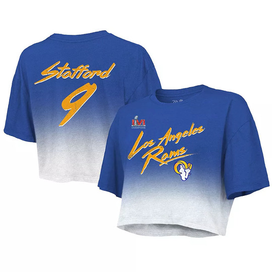 Women's Majestic Threads Matthew Stafford Royal/White Los Angeles Rams Super Bowl LVI Champions Name & Number Dip Dye Crop Top, Size: 2XL, Blue