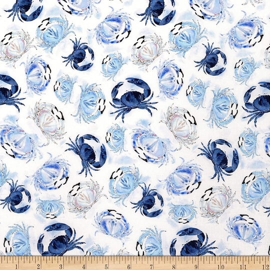 Crabs Blue Ocean in White By Thomas For Little Digital Timeless Treasures 44 Inches Wide Cotton Quilting Fabric Tt-Cd1302-White