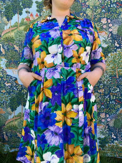Blue Purple + Green Floral Print Summer Dress W Collar// M-L