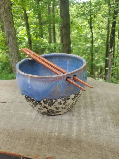 Handmade Noodle Bowl W Chopsticks, Drippy Glaze, Rice Stir Fry Bowl, Appx 3+ Cups, Free Shipping