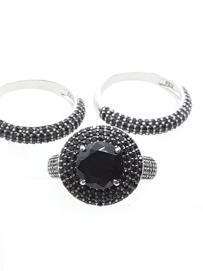 sterling Silver Black Moissanite Ring With Matching Bands