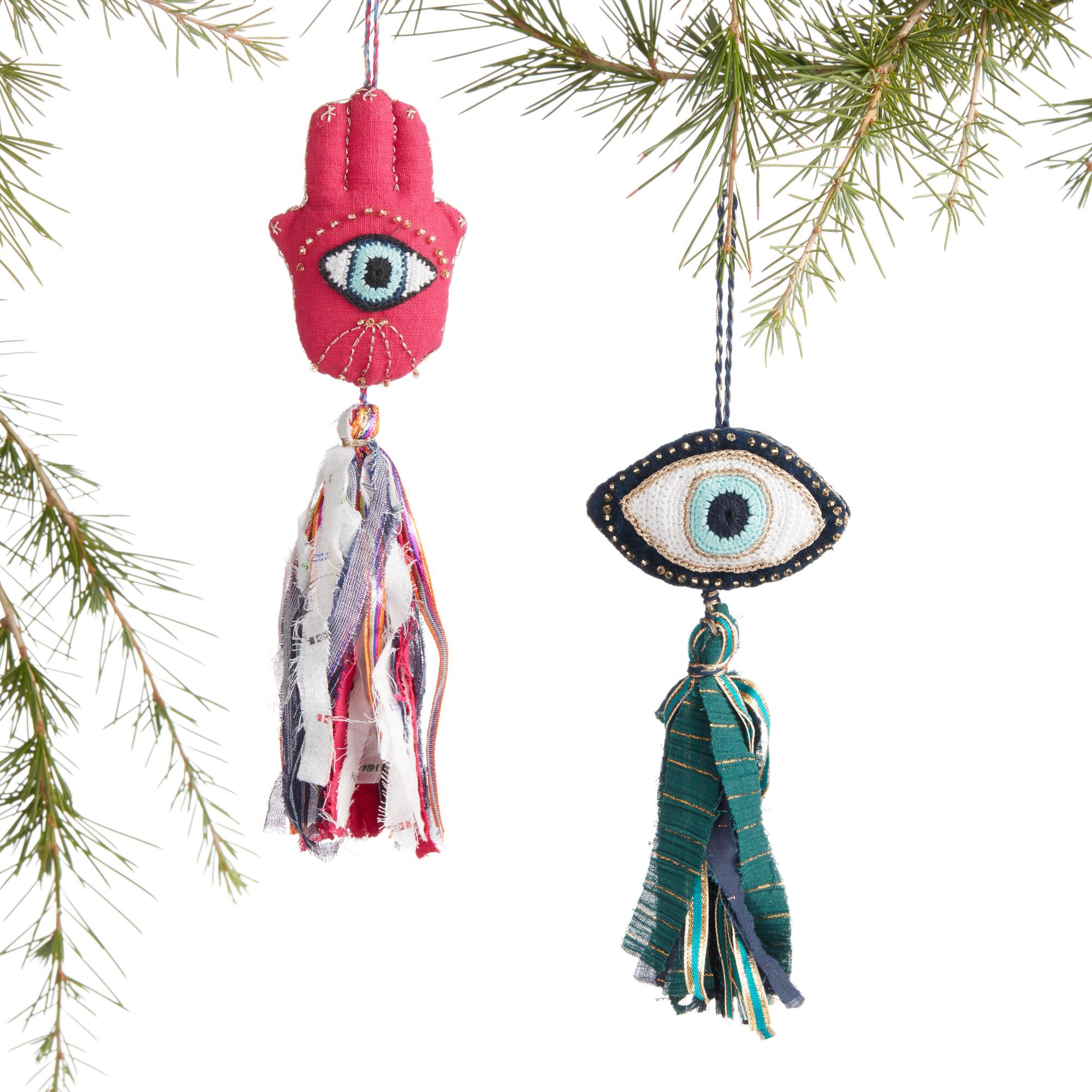 Recycled Fabric Hamsa and Evil Eye Ornaments Set of 2: Multi by World Market