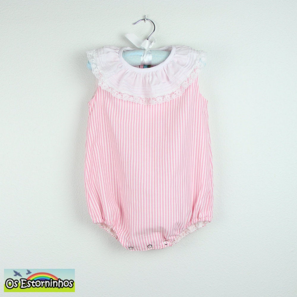 striped Cotton Blend Sleeveless Romper With White Ruffle Collar