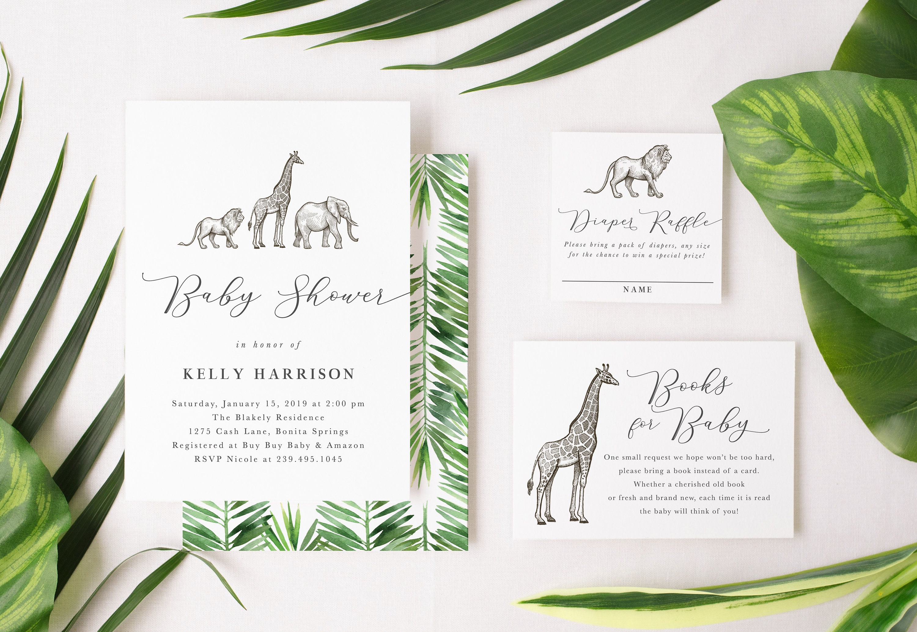 Safari Baby Shower Invitation Package, Gender Neutral Invite, Modern Set, Elephant, Lion & Giraffe - Harrison
