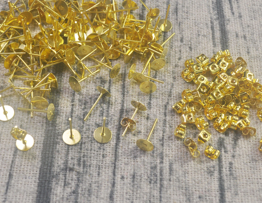 50 Pairs Earrings. Gold Plated Earring Posts, 6mm Pad, Flat Pads, Earring Supplies
