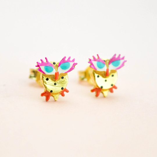 Minimalist Animal Stud Earrings, Multi Color Owl Small Silver Tiny Art Deco Enamel Gift For Her