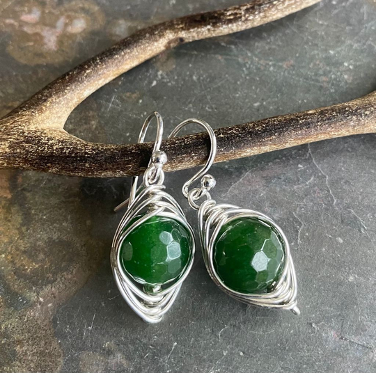 Jade Earrings in Sterling Silver, Wire Wrapped Herringbone Green Dangle Earrings, May Birthstone Earrings, Healing Gemstone