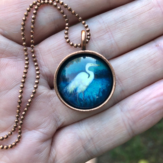 Crane Jewelry, Handmade Nature Jewelry Gift For Bird Lover, Egret Gift, Art Pendant, Watcher Copper Pendant Her