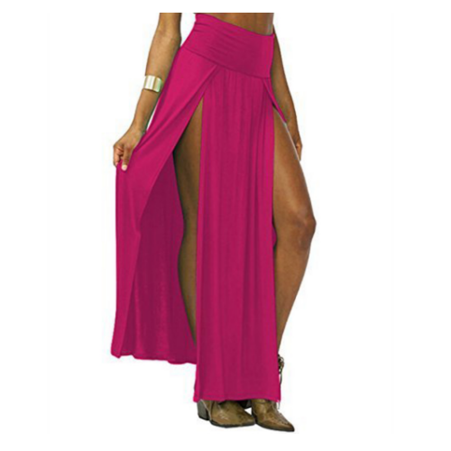 Women Cotton Blend Sexy Trends Double Slits Open Rayon Knit Long Maxi Skirt - Rose - pink