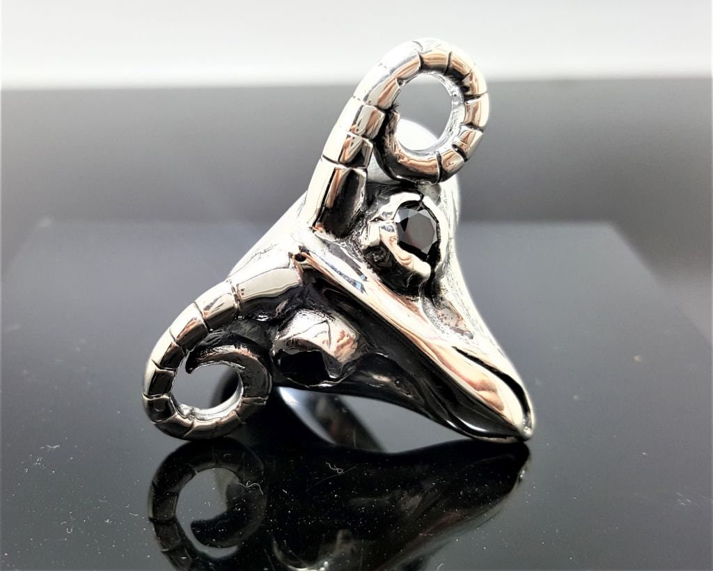 Ram Head Skull Ring Sterling Silver 925 Horns Brutal Biker Rock Punk Goth Exclusive Design