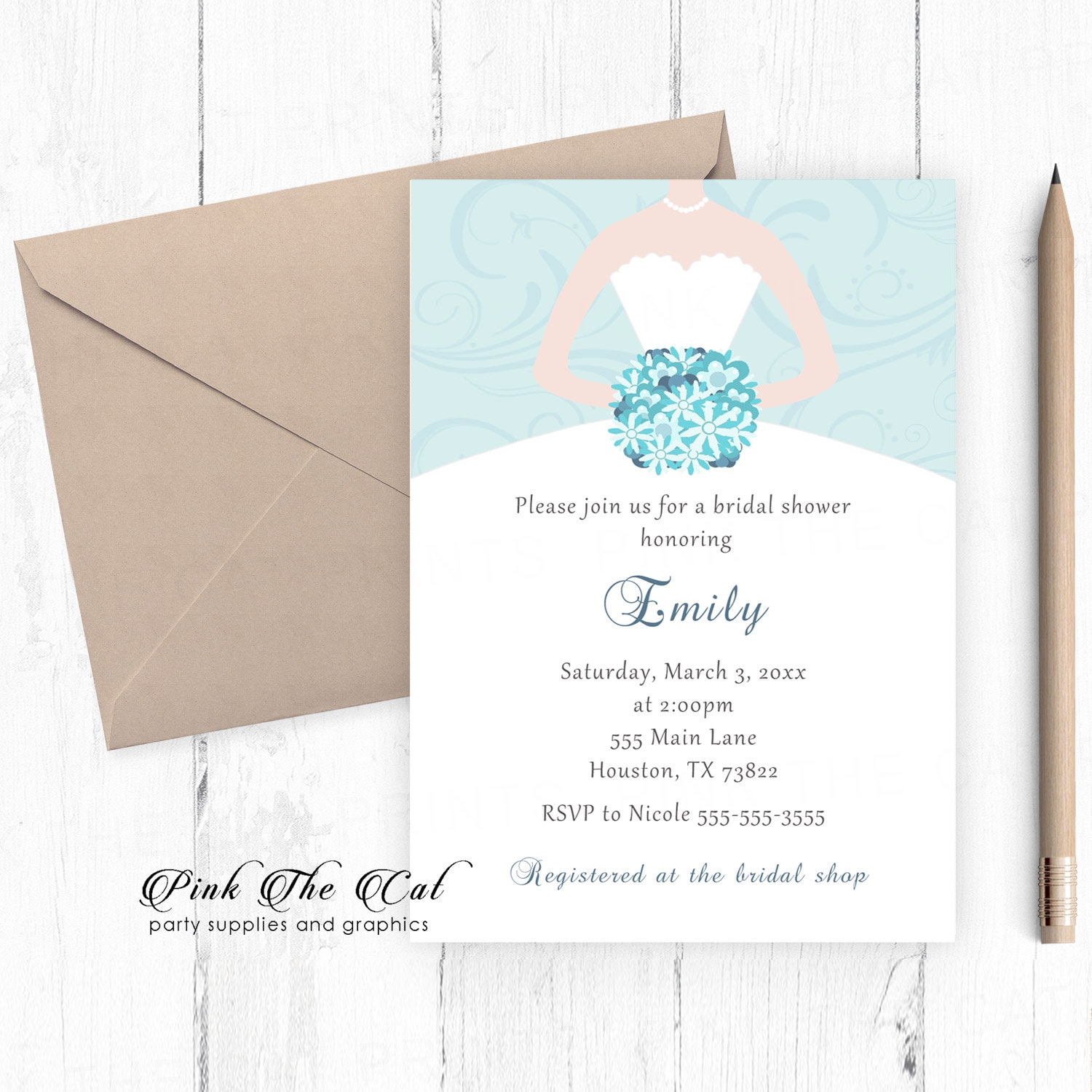 Teal Bridal Shower Invitation, Swirl Sweet 16 Quinceanera Invitation Template, Printable Wedding Dress