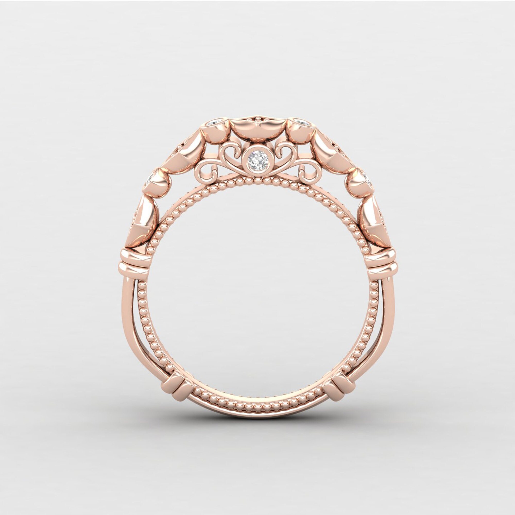 Diamond Wedding Band, Dainty Solid Gold Ring, Art Deco Engagement Minimalist Rose Anniversary Gift