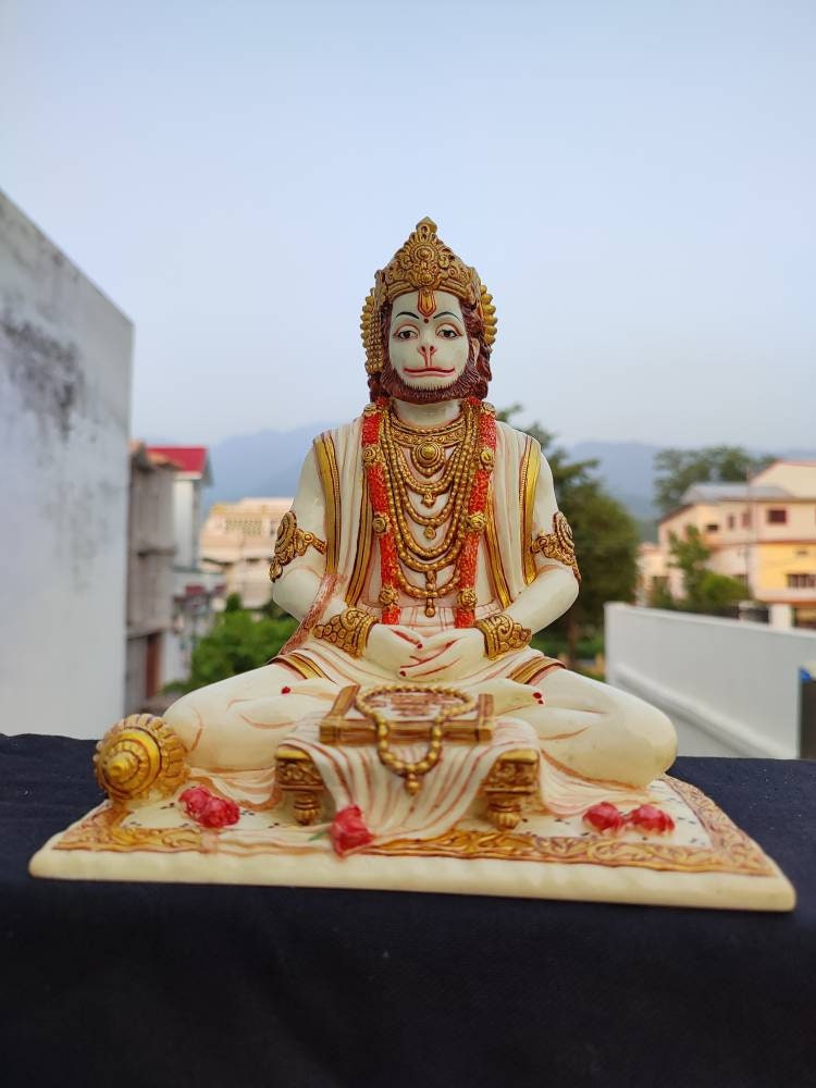 Hanuman Statue - Lord For Altar Decor in Marble Finish Bajrangbali Ram Bhakt/8.1 Inches Sitting Hindu God