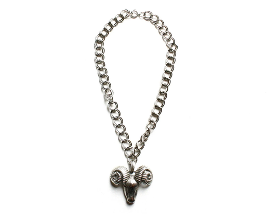 Vintage Silver Tone Necklace With Ram Head Pendant On Chunky Chain