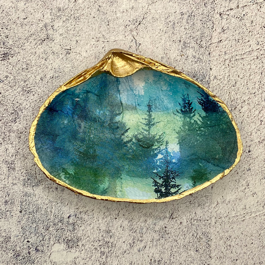 Decoupage Clam Shell Beach Decor, Green Nature Mermaid Gifts, Trinket Dish