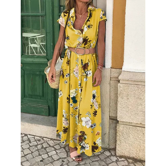 Shirt Collar Women Dresses Shift Daily Cotton-Blend Floral Dresses - Yellow, S