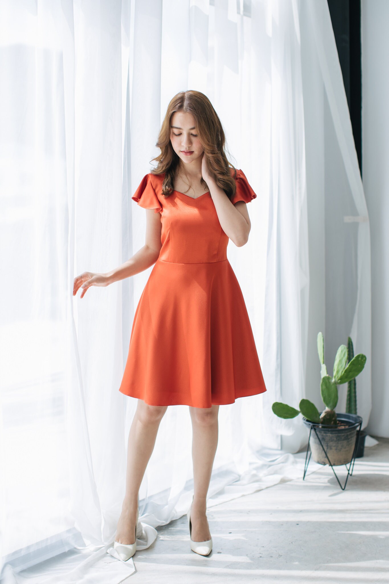 Evening Gown Orange Copper Prom Dress Royal Color Bridesmaid Tea Party Ruffle Sleeve Swing Dance Summer -Alita