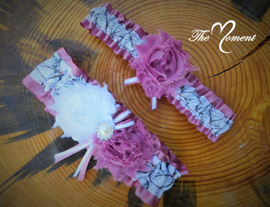 White Camo Garter With Rosy Mauve, Set, Pink Garter, Handmade Wedding, Wedding Prom