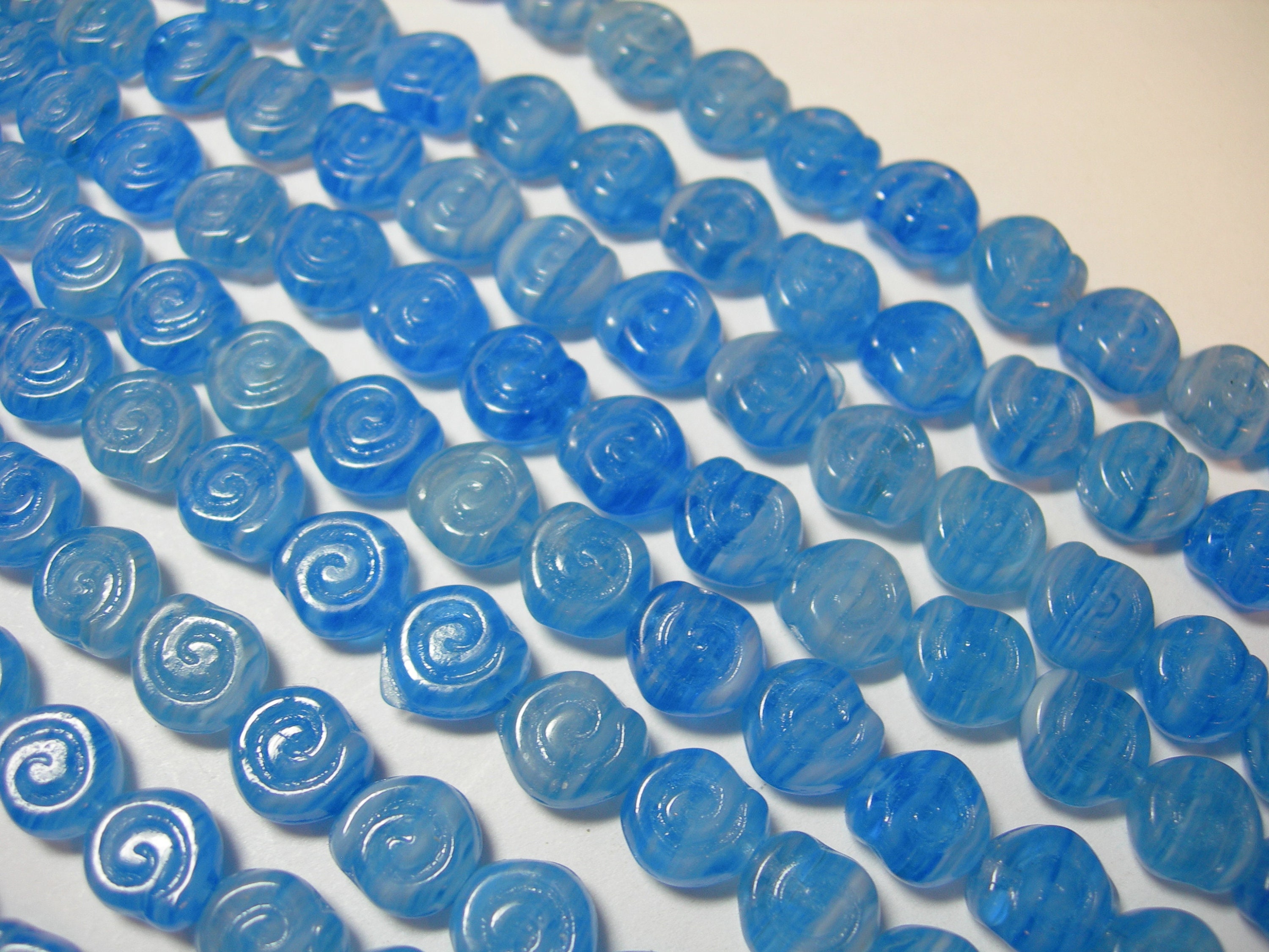 24 - 8mm Light Blue Blend Snail Shell Swirl Spiral Coin Czech Glass Beads