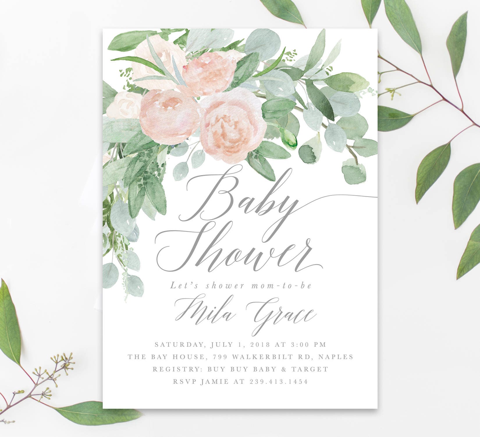 Baby Shower Invitation Girl Floral, Invite, Invite Girl, Blush Pink & Greenery, Printed /Printable - Mila