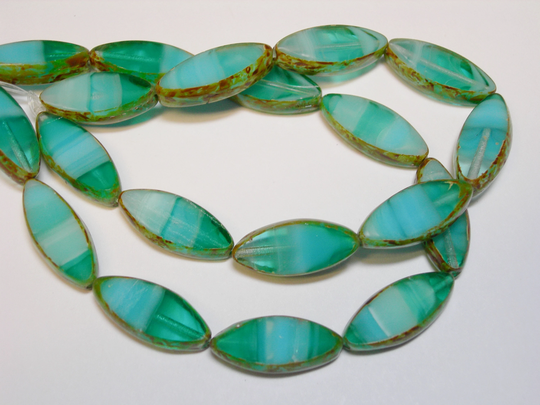 10 Czech Glass Aqua Blend Picasso Spindle Marquise Beads 18x7mm