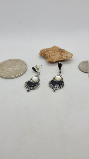 Vintage Sterling Silver Black Onyx, Mother Of Pearl, & Marcasite Dangle Earrings
