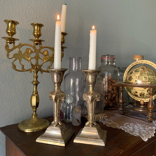 Vintage Set Of Brass Ram Candlestick Holders/Mcm Decor