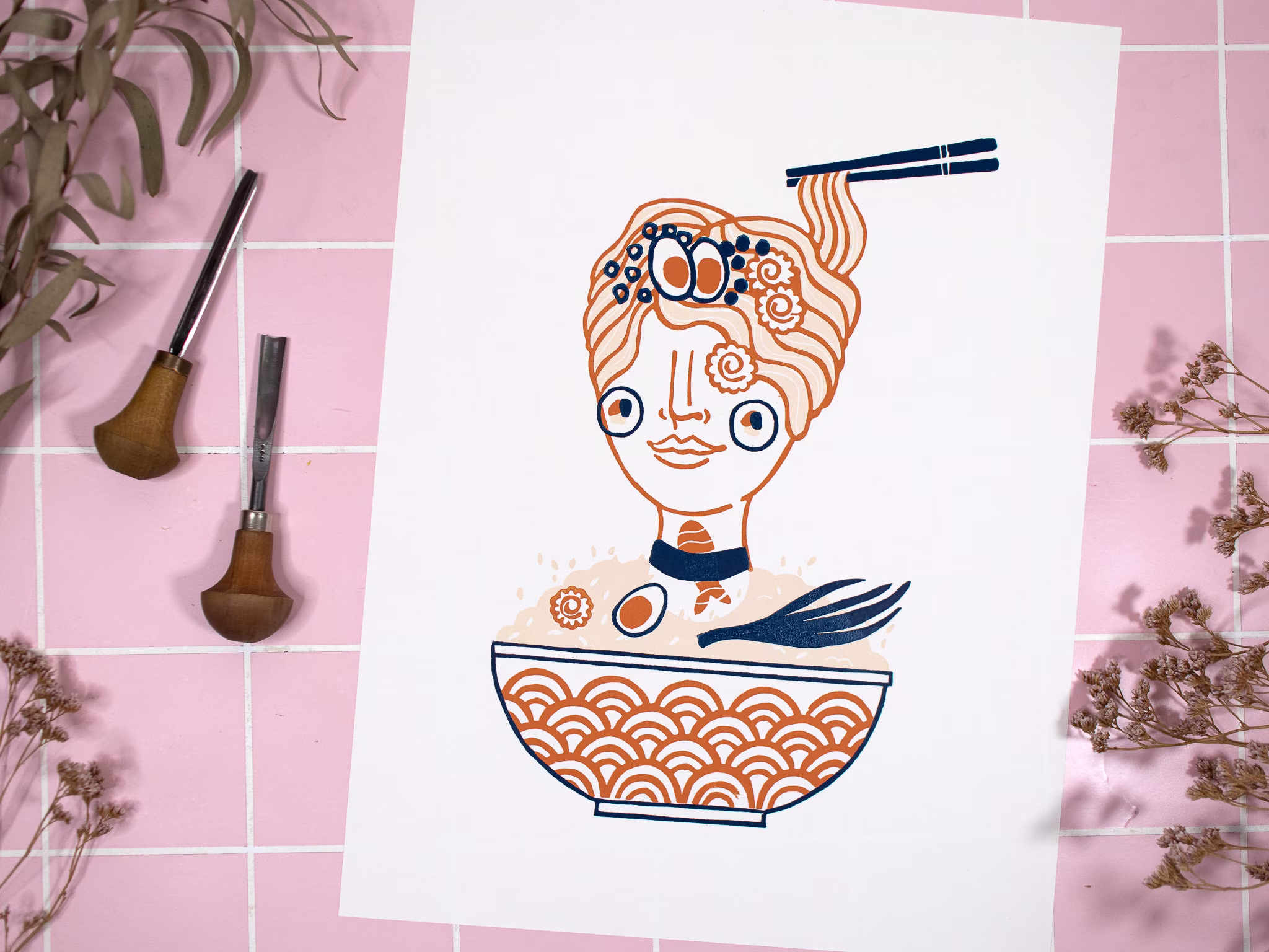 Linoprint Ramen Girl, Japanese Noodle Soup, Sushi Bowl, Food, Original Linoleum Art, Asian Cuisine, Tokyo Kawaii, Tonkotsu Miso