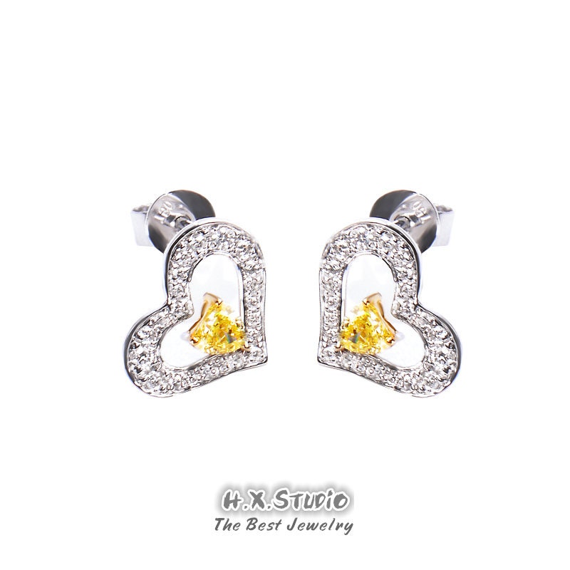 Yellow Diamond Heart Stud Earrings in Solid 18K Gold/Custom Fine Jewelry/Personalization Design/Gift For Women & Girls