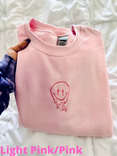 Embroidered Crewneck Sweatshirt Drip Smiley Face Light Blue Pink Yellow
