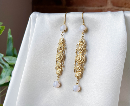 Victorian Art Nouveau Earrings, Long Gold Medallion Dangle Statement Moonstone Drop Regency Rococo Jewelry, Gift For Her