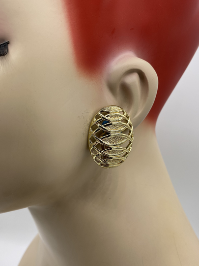 Vintage Emmons Gold Plated Oversized Oval Reticulated Clip Earrings Cc12