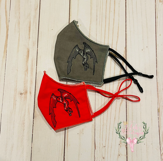 Custom Embroidered Cotton Cryptid Mothman Face Mask. Toddler, Child, Teen, Adult With Adjustable Ear Loops