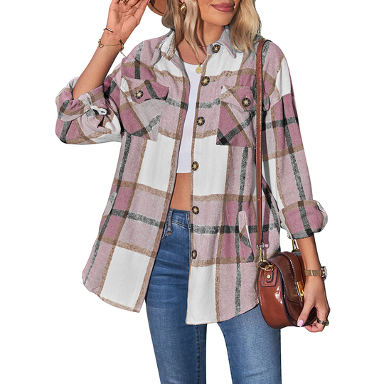 Womens Casual Plaid Shacket Wool Blend Button Down Long Sleeve Shirt Fall Jacket Shackets - pink, M