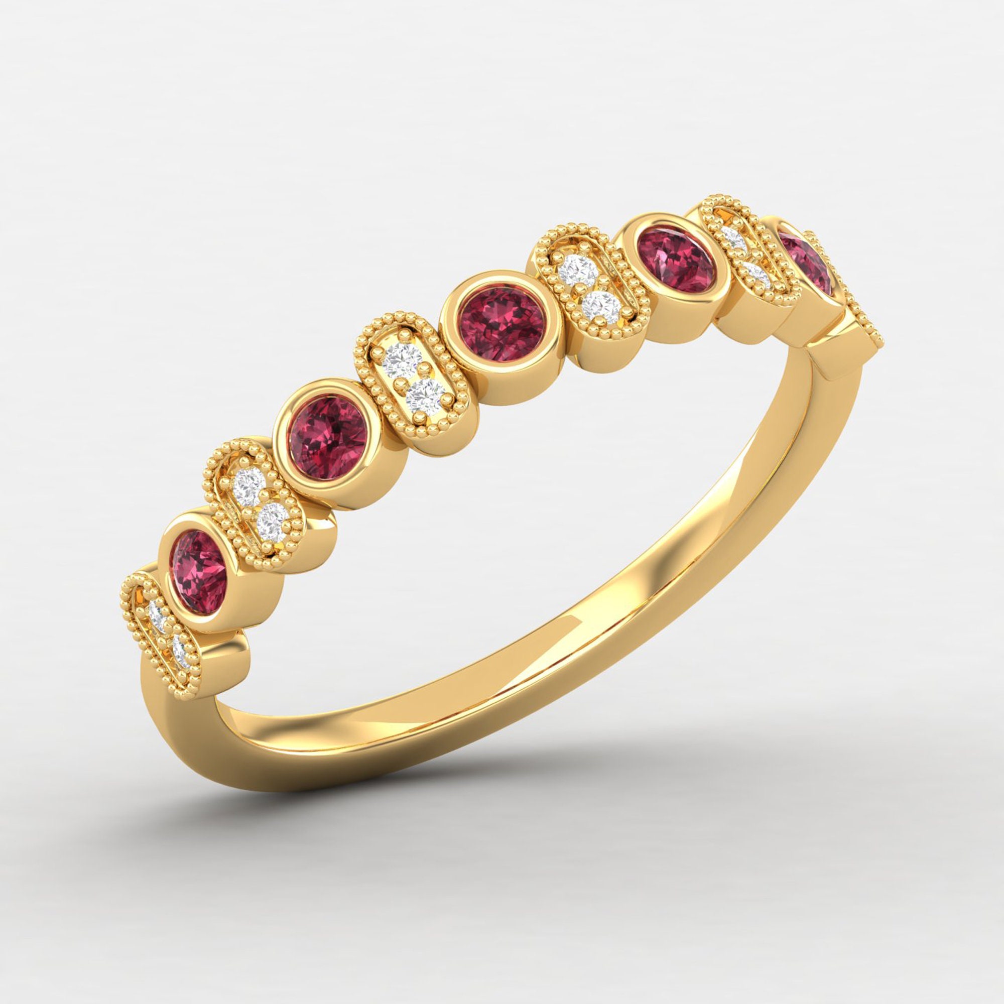 stacking Red Garnet Ring, Bezel 18K Gold Minimalist Diamond Band, Thin Eternity Gift For Her