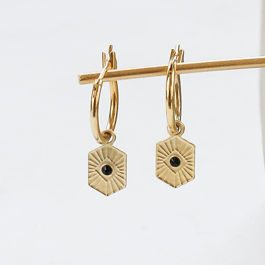 Morgan Earrings, Hoop Pendant, Hexagonal Hoops, Crystal Zircon Black Earrings