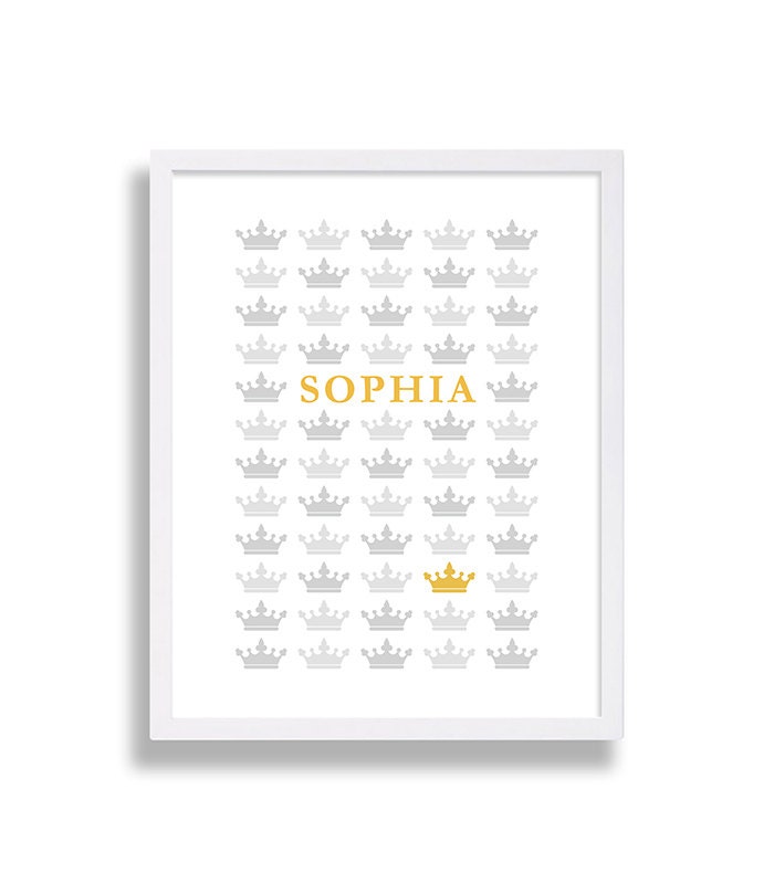 Princess Nursery Print Crowns Art Yellow & Grey Decor Personalized Modern Prints Babys Name Baby Shower Gift
