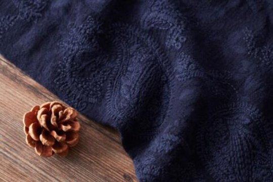 High Quality Cotton Linen Blend Fabric, Navy Blue Color Embroidered Paisley Style For Diy Dress Bag Curtains-Syjx