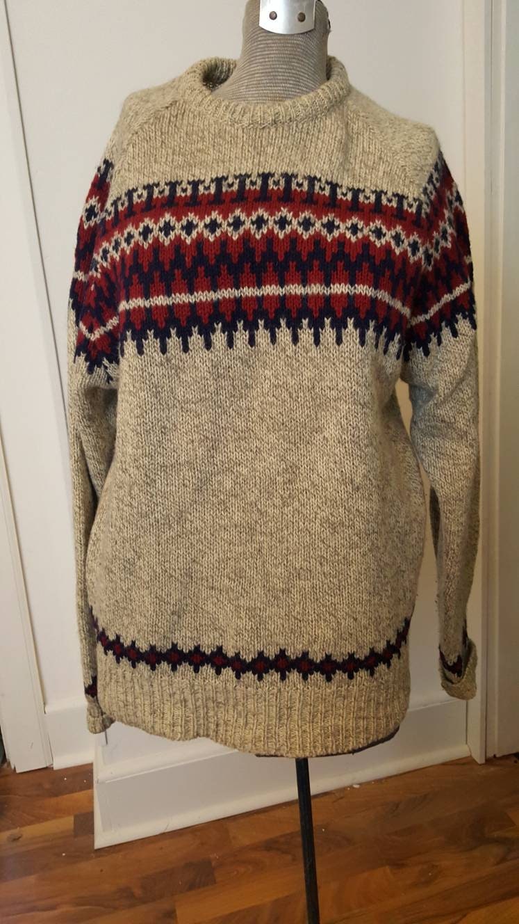 Vintage 1980S Era Mens Wool Blend Sweater. Oatmeal, Burgundy, Blue Geometric Design. Pullover Crew Neck. Size L/Large. Free Shipping