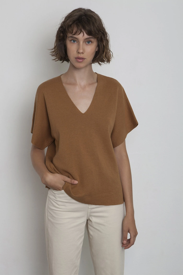 Women's Kimono Sleeve Top - Caramel Brown Knit Dolman Shirt Cotton Linen Blend Knitted T-Shirt Natural Fiber Clothing