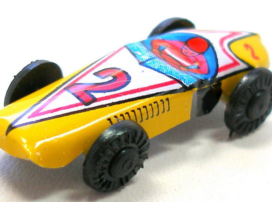 Yellow Tin Toy Racer, 1960S Japanese Mini Car No. 2. Race Car. Vintage Fun