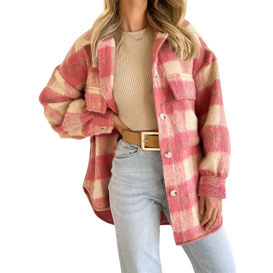 Womens Flannel Wool Blend Plaid Button Down Shacket Jacket Thick Coat - Pink, L