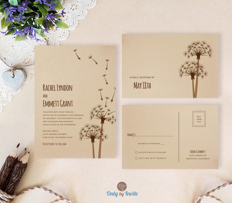 Printed Rustic Wedding Invitation Sets | Dandelion Invitations